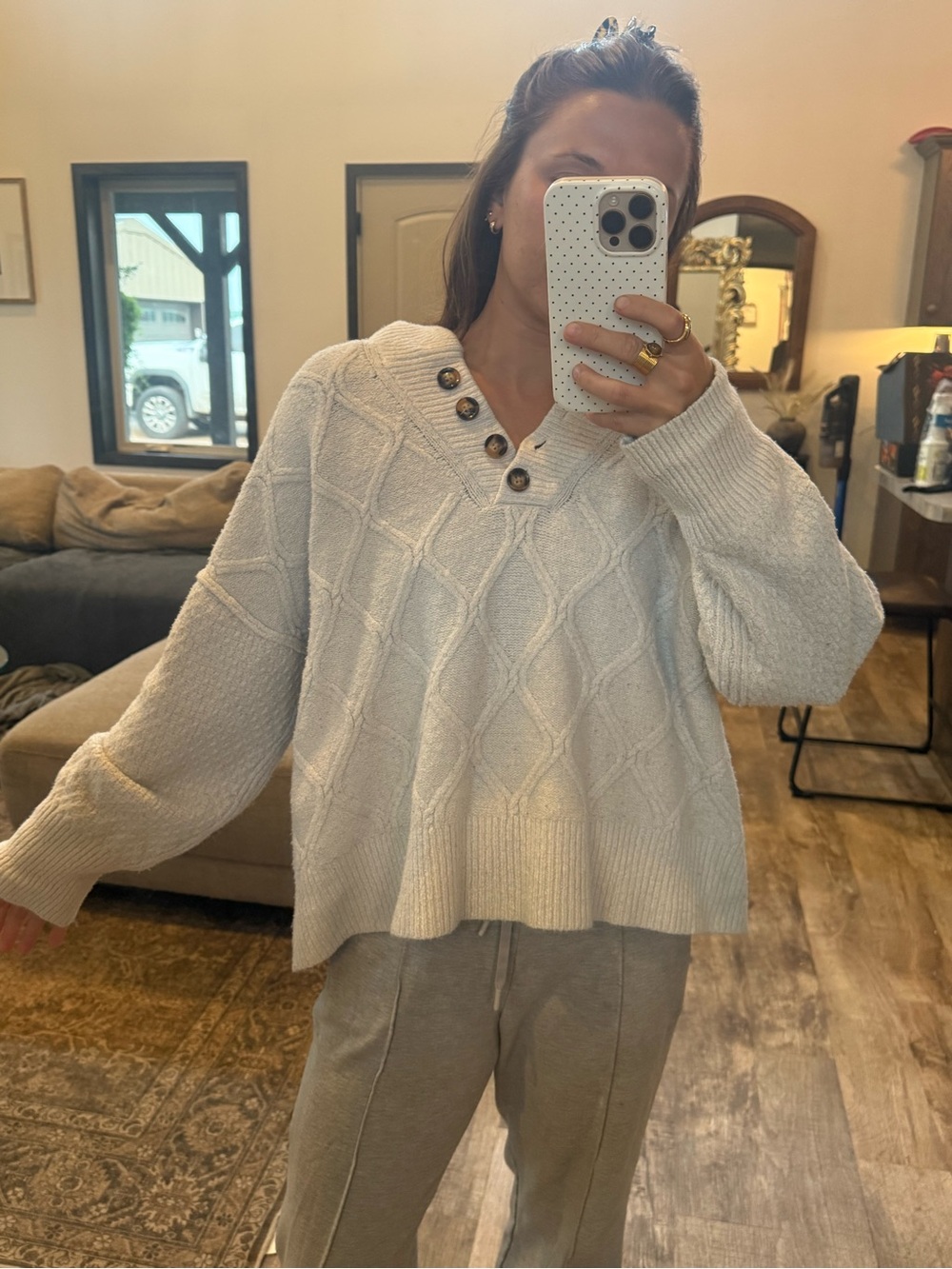 Universal Thread Cream Cable Knit Henley with Wood Buttons